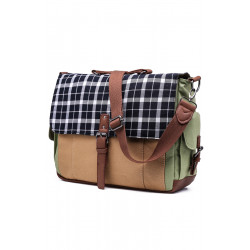 Canvas Messenger Bag with Plaid Flap